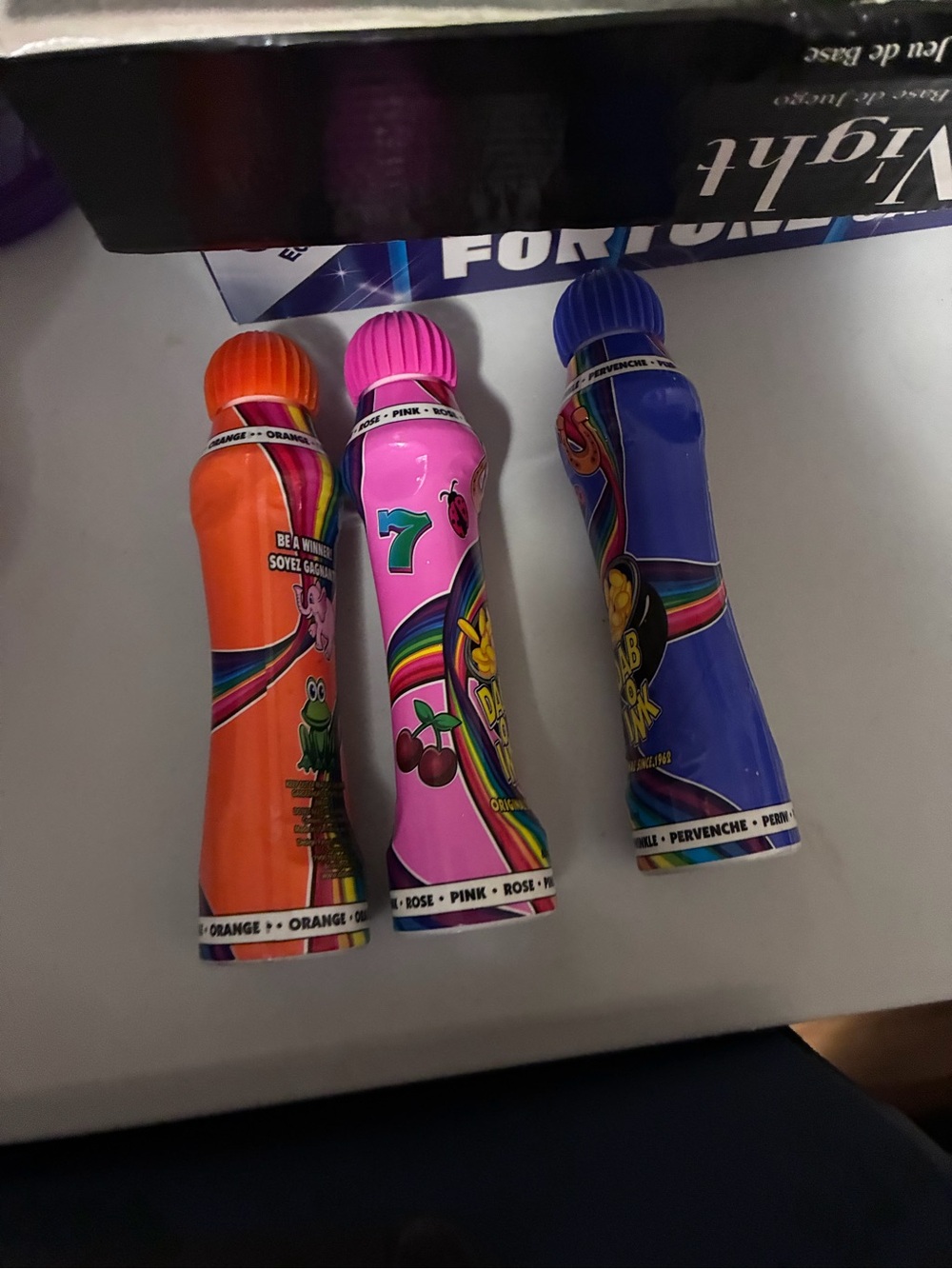Colorful bingo dabbers - Orange, Pink, Blue.